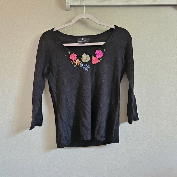 Vintage Y2K tee sweater silk cashmere flower ribbon scoop neck size Medium black - Picture 4 of 6